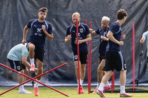 SOCCER - FIFA World Cup, WM, Weltmeisterschaft, Fussball 2026, preview SANTA BARBARA,CALIFORNIA,USA,20.JUN.26 - SOCCER - FIFA World Cup 2026, USA, Mexico, Canada, preview, Oesterreichischer Fussball-Bund, training team AUT. Image shows Alessandro Schoepf, Konrad Laimer, Marko Arnautovic and Paul Wanner (AUT).  GEPAxpictures xArminxRauthner