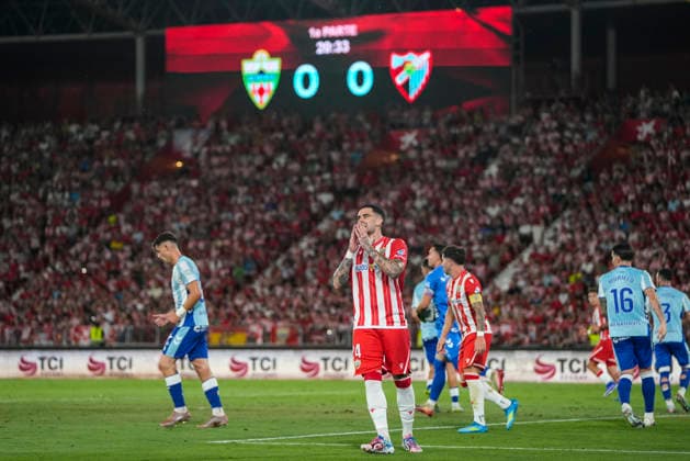 June 20, 2026, Almeria, Almeria, SPAIN: Miguel de la Fuente of UD Almeria laments during the Liga Hypermotion, second leg of the Playoff for LaLiga EA Sports promotion, football match played between UD Almeria and Malaga CF at UD Almeria stadium on June 20, 2026, in Almeria, Spain. Almeria SPAIN - ZUMAa181 20260620_zaa_a181_095 Copyright: xJoaquinxCorcherox