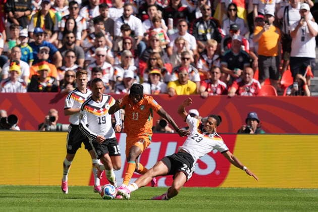 Germany v Ivory Coast - FIFA World Cup, WM, Weltmeisterschaft, Fussball 2026 - Group E TORONTO, CANADA - JUNE 20: Nmecha (23) and Leroy Sane (19) of Germany in action against Yan Diomande (11) of Ivory Coast during the 2026 FIFA World Cup First Stage Group E match between Germany and Ivory Coast at Toronto Stadium (BMO Field) in Toronto, Ontario, Canada on June 20, 2026. Mert Alper Dervis Anadolu Ontario Canada. Editorial use only. Please get in touch for any other usage.  Copyright: x2026xAnadoluxMertxAlperxDervisx