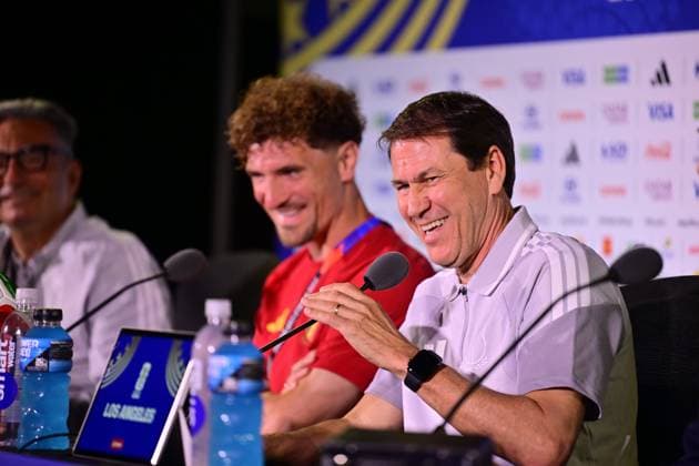 Belgian national football team - FIFA World Cup, WM, Weltmeisterschaft, Fussball 2026 - media activities 20 06 2026 LOS ANGELES, UNITED STATES OF AMERICA - JUNE 20 : Garcia Rudi head coach of Belgium and Meunier Thomas defender of Belgium pictured during a press conference, PK, Pressekonferenz at the SoFi Stadium prior to the Belgium vs Iran match during the 2026 FIFA World Cup on June 20, 2026 in Los Angeles, United States of America, 20 06 2026 Los Angeles United States of America  Copyright: xJanxDexMeuleneirx