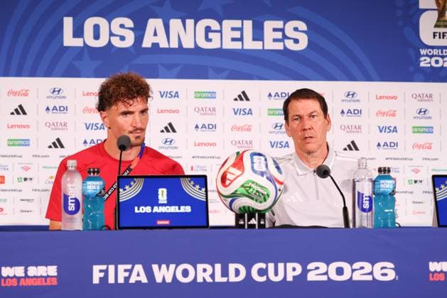 Belgium s Thomas Meunier and Belgium s head coach Rudi Garcia pictured during a press conference, PK, Pressekonferenz of Belgian national soccer team Red Devils in Los Angeles, USA, on Saturday 20 June 2026. The Red Devils prepare for their second game in the group stage of the 2026 FIFA World Cup, WM, Weltmeisterschaft, Fussball BRUNOxFAHY  x178524719x