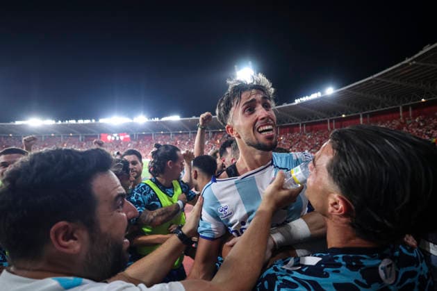 June 20, 2026, Almeria, Almeria, SPAIN: David Larrubia of Malaga CF celebrates a goal during the Liga Hypermotion, second leg of the Playoff for LaLiga EA Sports promotion, football match played between UD Almeria and Malaga CF at UD Almeria stadium on June 20, 2026, in Almeria, Spain. UD Almeria V Malaga CF - LaLiga Hypermotion  - ZUMAa181 20260620_zaa_a181_102 Copyright: xJoaquinxCorcherox