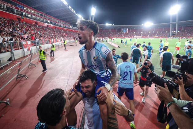 June 20, 2026, Almeria, Almeria, SPAIN: David Larrubia of Malaga CF celebrates a goal during the Liga Hypermotion, second leg of the Playoff for LaLiga EA Sports promotion, football match played between UD Almeria and Malaga CF at UD Almeria stadium on June 20, 2026, in Almeria, Spain. UD Almeria V Malaga CF - LaLiga Hypermotion  - ZUMAa181 20260620_zaa_a181_109 Copyright: xJoaquinxCorcherox