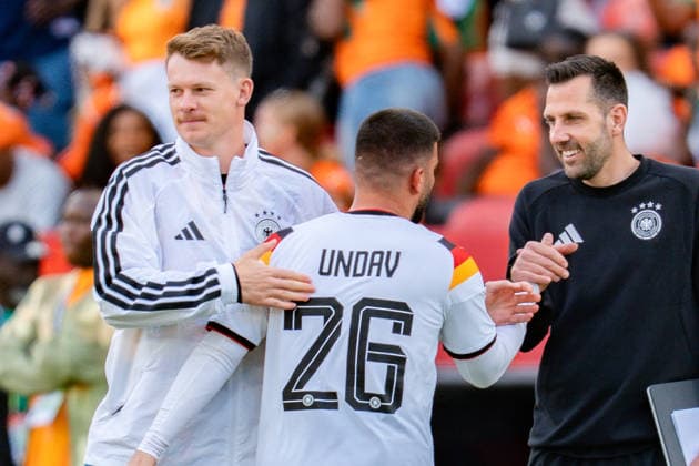 FIFA Fussball Weltmeisterschaft 2026, Gruppe E, Spiel 2, Deutschland vs Elfenbeinküste, 20.06.2026 im Toronto Stadium, Toronto Deniz Undav (Deutschland) wird gefeiert nach Abpfiff mit Alexander Nübel (Deutschland)