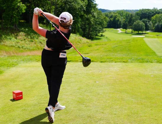 BELMONT, MI - JUNE 20: LPGA, Golf Damen player Lottie Woad plays her tee shot on the 12th hole on June 20, 2026, during the third round of the LPGA Meijer LPGA Classic for Simply Give at Blythefield Country Club in Belmont, Michigan. (Photo by Brian Spurlock Icon Sportswire) GOLF: JUN 20 LPGA Meijer LPGA Classic for Simply Give EDITORIAL USE ONLY Icon2606209