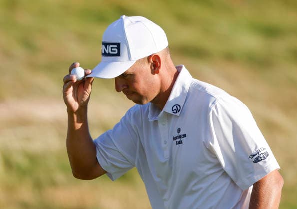 Sam Stevens reacts after putting for par on the 14th hole during the third round of the 126th U.S. Open Golf Championship at Shinnecock Hills Golf Club in Southampton, NY, on Saturday, June 20, 2026.  NYC20260620819 JOHNxANGELILLO