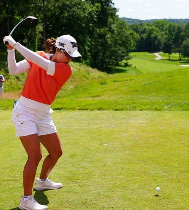 BELMONT, MI - JUNE 20: LPGA, Golf Damen player Minji Kang plays her tee shot on the 12th hole on June 20, 2026, during the third round of the LPGA Meijer LPGA Classic for Simply Give at Blythefield Country Club in Belmont, Michigan. (Photo by Brian Spurlock Icon Sportswire) GOLF: JUN 20 LPGA Meijer LPGA Classic for Simply Give EDITORIAL USE ONLY Icon26062018