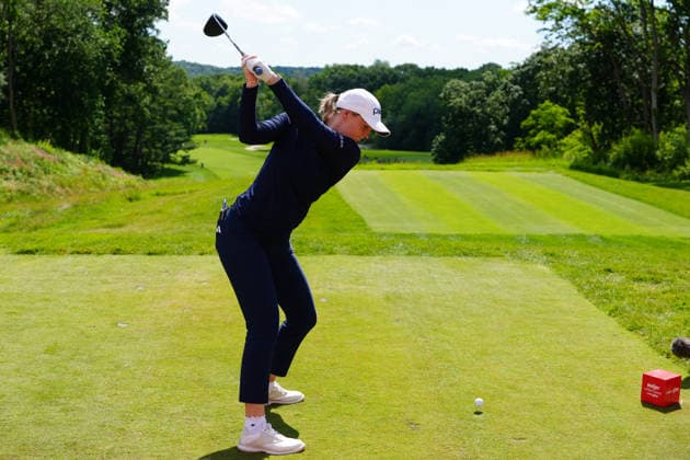 BELMONT, MI - JUNE 20: LPGA, Golf Damen player Cassie Porter plays her tee shot on the 12th hole on June 20, 2026, during the third round of the LPGA Meijer LPGA Classic for Simply Give at Blythefield Country Club in Belmont, Michigan. (Photo by Brian Spurlock Icon Sportswire) GOLF: JUN 20 LPGA Meijer LPGA Classic for Simply Give EDITORIAL USE ONLY Icon26062022