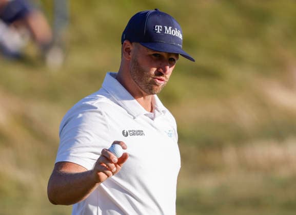 Wyndham Clark reacts after making a birdie on the 14th hole during the third round of the 126th U.S. Open Golf Championship at Shinnecock Hills Golf Club in Southampton, NY, on Saturday, June 20, 2026.  NYC20260620822 JOHNxANGELILLO