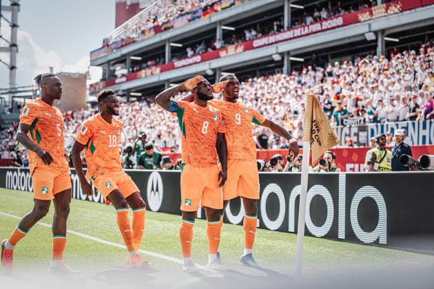 Fußball Herren FIFA Fußball-Weltmeisterschaft 2026 Gruppe E Deutschland vs. Elfenbeinküste 20.06.2026 Torjubel Elfenbeinküste v.l. Wilfried Singo ( 5, Elfenbeinkueste), Ibrahim Sangare ( 18, Elfenbeinkueste), Torschütze Franck Kessie ( 8, Elfenbeinkueste) und Ange-Yoan Bonny ( 9, Elfenbeinkueste) Toronto Toronto Stadium Ontario Kanada