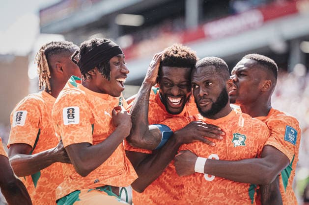 Fußball Herren FIFA Fußball-Weltmeisterschaft 2026 Gruppe E Deutschland vs. Elfenbeinküste 20.06.2026 Torjubel Elfenbeinküste v.l. Yan Diomande ( 11, Elfenbeinkueste), Ibrahim Sangare ( 18, Elfenbeinkueste), Torschütze Franck Kessie ( 8, Elfenbeinkueste) und Ange-Yoan Bonny ( 9, Elfenbeinkueste) Toronto Toronto Stadium Ontario Kanada