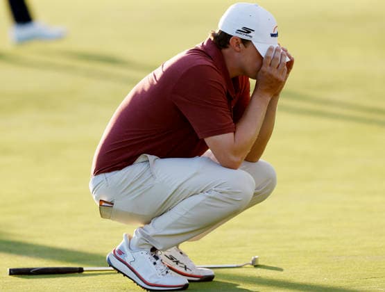 Matt Fitzpatrick of England reacts after putting on the 16th hole during the third round of the 126th U.S. Open Golf Championship at Shinnecock Hills Golf Club in Southampton, NY, on Saturday, June 20, 2026.  NYC20260620831 JOHNxANGELILLO