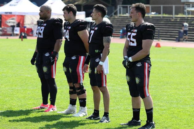 Team Captains of Düsseldorf Panther before Coin Toss, Düsseldorf Panther vs Braunschweig Lions, American Football, GFL, German Football League, Season 2026, Week 7, 20.06.2026, Photo: Foot Bowl Klaus Sack Düsseldorf Stadion VfL Benrath Deutschland Copyright: xFootxBowl KlausxSackx