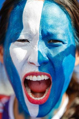 June 19, 2026; Foxborough, Massachusetts, USA; A Scotland supporter yells for her team ahead of a FIFA World Cup, WM, Weltmeisterschaft, Fussball 2026 Group C match between Scotland and Morocco at Boston Stadium. (c) CSM - ZUMAc04_ 20260619_zma_c04_420 Copyright: xBurtxGranofskyx