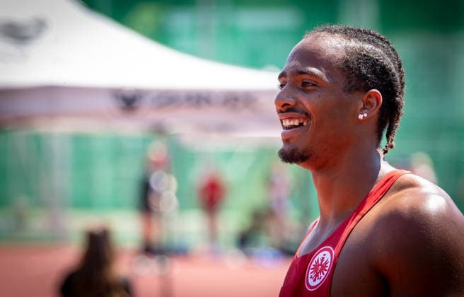 Süddeutsche Meisterschaften 2026 Aktive und Jugend U18; Koblenz, 20.06.2026 Freude bei Fred Isaac Fleurisson (Eintracht Frankfurt e.V.) nach dem Sieg im 110m-Hürdenfinale der Männer; Süddeutsche Meisterschaften Aktive und Jugend U18 am 20.06.2026 im Stadion Oberwerth in Koblenz (Rheinland-Pfalz). *** 2026 Southern German Championships (Adult and U18 Youth) Koblenz, June 20, 2026 Copyright: xBEAUTIFULxSPORTS R.xSchmittx