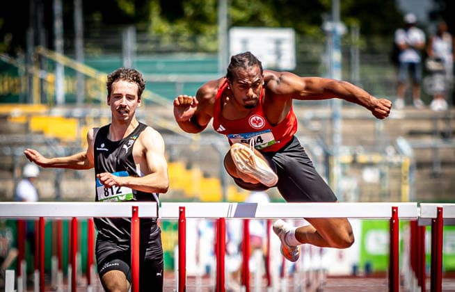 Süddeutsche Meisterschaften 2026 Aktive und Jugend U18; Koblenz, 20.06.2026 Fred Isaac Fleurisson (Eintracht Frankfurt e.V.) im 110m-Hürdenfinale der Männer; Süddeutsche Meisterschaften Aktive und Jugend U18 am 20.06.2026 im Stadion Oberwerth in Koblenz (Rheinland-Pfalz). *** 2026 Southern German Championships (Adult and U18 Youth) Koblenz, June 20, 2026 Copyright: xBEAUTIFULxSPORTS R.xSchmittx