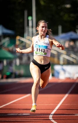 Süddeutsche Meisterschaften 2026 Aktive und Jugend U18; Koblenz, 20.06.2026 Auf der Ziellinie: Ksenia Helios (SV GO! Saar 05) im 100m-Sprint der Frauen; Süddeutsche Meisterschaften Aktive und Jugend U18 am 20.06.2026 im Stadion Oberwerth in Koblenz (Rheinland-Pfalz). *** 2026 South German Championships (Adults and U18 Youth) Koblenz, June 20, 2026 Copyright: xBEAUTIFULxSPORTS R.xSchmittx