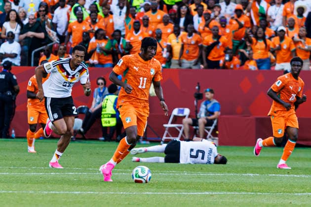 Germany v Cote D Ivoire - FIFA World Cup, WM, Weltmeisterschaft, Fussball 2026 Toronto, Canada - June 20: Yan Diomande of Ivory Coast drives the ball during the FIFA World Cup 2026 Group E match between Germany and Cote D Ivoire at Toronto Stadium on June 20, 2026 in Toronto, Canada. Photo by John Jacques Latin Images Toronto Toronto Stadium Ontario Canada Copyright: xLatinxSportxImagesx