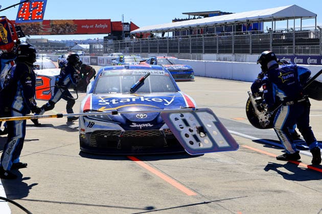 SAN DIEGO, CA - JUNE 20: William Sawalich ( 18 Joe Gibbs Racing Starkey Hearing Toyota) pits his car during the NASCAR, Motorsport, USA Cup Series Anduril 250 Race the Base race on Saturday June 20, 2026 at Naval Base Coronado in San Diego, CA. (Photo by David J. Griffin Icon Sportswire) AUTO: JUN 20 NASCAR Cup Series Anduril 250 Race the Base EDITORIAL USE ONLY Icon9532606205010