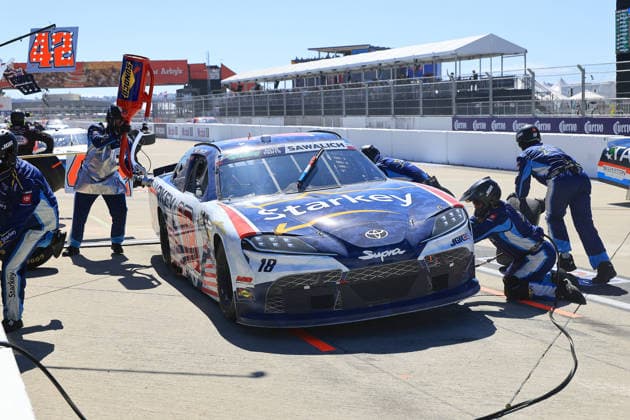 SAN DIEGO, CA - JUNE 20: William Sawalich ( 18 Joe Gibbs Racing Starkey Hearing Toyota) pits his car during the NASCAR, Motorsport, USA Cup Series Anduril 250 Race the Base race on Saturday June 20, 2026 at Naval Base Coronado in San Diego, CA. (Photo by David J. Griffin Icon Sportswire) AUTO: JUN 20 NASCAR Cup Series Anduril 250 Race the Base EDITORIAL USE ONLY Icon9532606205042