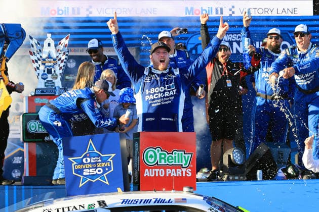 SAN DIEGO, CA - JUNE 20: Austin Hill ( 21 Richard Childress Racing 1-800-PACK-RAT Chevrolet) celebrates in Victory Lane after winning the NASCAR, Motorsport, USA Cup Series Anduril 250 Race the Base race on Saturday June 20, 2026 at Naval Base Coronado in San Diego, CA. (Photo by David J. Griffin Icon Sportswire) AUTO: JUN 20 NASCAR Cup Series Anduril 250 Race the Base EDITORIAL USE ONLY Icon9532606205135
