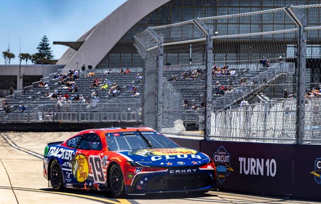 SAN DIEGO, CA - JUNE 20: Chase Briscoe of the 19 Joe Gibbs Racing Bass Pro Shops Toyota rounds turn 10 during qualifying for the Anduril 250 NASCAR, Motorsport, USA Cup Series Race, Saturday, June 20, 2026, at Naval Base Coronado in San Diego, California. (Photo by Tony Ding Icon Sportswire) AUTO: JUN 20 NASCAR Cup Series Anduril 250 Race the Base EDITORIAL USE ONLY Icon46520260620019250