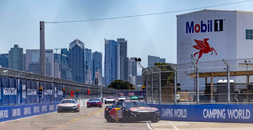 SAN DIEGO, CA - JUNE 20: Connor Zilisch of the 88 Trackhouse Racing Red Bull Chevrolet rounds turn 8 during qualifying for the Anduril 250 NASCAR, Motorsport, USA Cup Series Race, Saturday, June 20, 2026, at Naval Base Coronado in San Diego, California. (Photo by Tony Ding Icon Sportswire) AUTO: JUN 20 NASCAR Cup Series Anduril 250 Race the Base EDITORIAL USE ONLY Icon46520260620025250