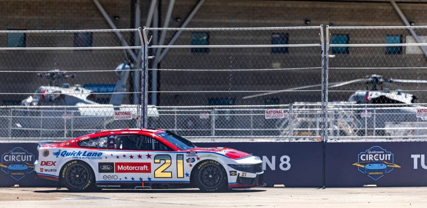 SAN DIEGO, CA - JUNE 20: Josh Berry of the 21 Wood Brothers Racing Motorcraft Quick Lane Ford at turn 8 during qualifying for the Anduril 250 NASCAR, Motorsport, USA Cup Series Race, Saturday, June 20, 2026, at Naval Base Coronado in San Diego, California. (Photo by Tony Ding Icon Sportswire) AUTO: JUN 20 NASCAR Cup Series Anduril 250 Race the Base EDITORIAL USE ONLY Icon46520260620027250
