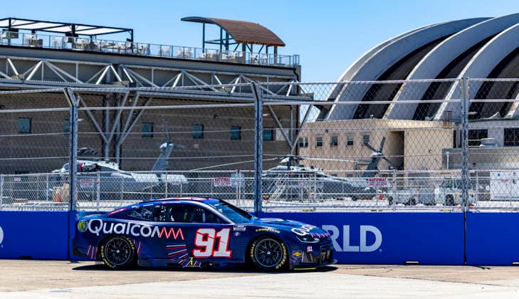 SAN DIEGO, CA - JUNE 20: Kevin Magnussen of the 91 Trackhouse Racing Qualcomm Chevrolet at turn 8 during qualifying for the Anduril 250 NASCAR, Motorsport, USA Cup Series Race, Saturday, June 20, 2026, at Naval Base Coronado in San Diego, California. (Photo by Tony Ding Icon Sportswire) AUTO: JUN 20 NASCAR Cup Series Anduril 250 Race the Base EDITORIAL USE ONLY Icon46520260620029250