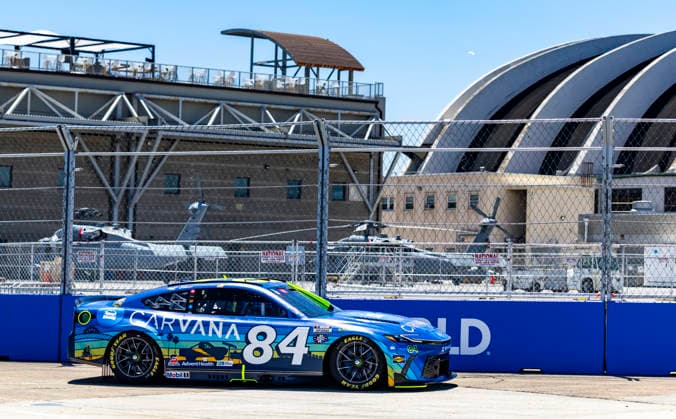 SAN DIEGO, CA - JUNE 20: Jimmie Johnson of the 84 LEGACY MOTOR CLUB Carvana Toyota at turn 8 during qualifying for the Anduril 250 NASCAR, Motorsport, USA Cup Series Race, Saturday, June 20, 2026, at Naval Base Coronado in San Diego, California. (Photo by Tony Ding Icon Sportswire) AUTO: JUN 20 NASCAR Cup Series Anduril 250 Race the Base EDITORIAL USE ONLY Icon46520260620030250