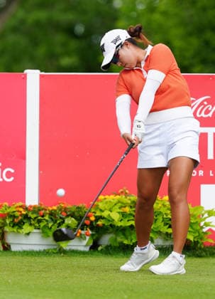 BELMONT, MI - JUNE 20: LPGA, Golf Damen player Minji Kang plays her tee shot on the 10th hole on June 20, 2026, during the third round of the LPGA Meijer LPGA Classic for Simply Give at Blythefield Country Club in Belmont, Michigan. (Photo by Brian Spurlock Icon Sportswire) GOLF: JUN 20 LPGA Meijer LPGA Classic for Simply Give EDITORIAL USE ONLY Icon26062059
