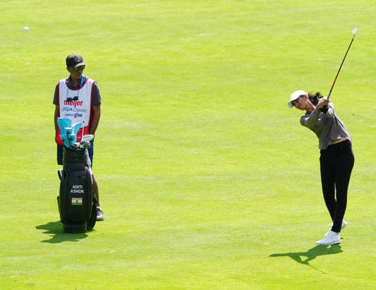 BELMONT, MI - JUNE 20: LPGA, Golf Damen golfer Aditi Ashok plays her second shot on the 16th hole on June 20, 2026, during the third round of the LPGA Meijer LPGA Classic for Simply Give at Blythefield Country Club in Belmont, Michigan. (Photo by Brian Spurlock Icon Sportswire) GOLF: JUN 20 LPGA Meijer LPGA Classic for Simply Give EDITORIAL USE ONLY Icon26062065