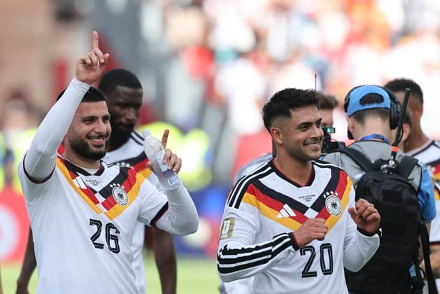 (260621) -- TORONTO, June 21, 2026 -- Deniz Undav (L) and Nadiem Amiri of Germany celebrate after the group E match between Germany and Cote d Ivoire at the 2026 FIFA World Cup, WM, Weltmeisterschaft, Fussball at Toronto Stadium in Toronto, Canada, on June 20, 2026. (Photo by Xinhua) (SP)CANADA-TORONTO-FOOTBALL-FIFA WORLD CUP-GROUP E-GER VS CIV ZouxZheng 