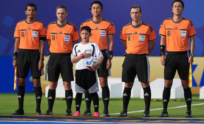 (260621) -- KANSAS CITY, June 21, 2026 -- Referees line up before the group E match between Ecuador and Curacao at the FIFA World Cup, WM, Weltmeisterschaft, Fussball 2026 at Kansas City Stadium in Kansas City, the United States, June 20, 2026. ) (SP)U.S.-KANSAS CITY-FOOTBALL-FIFA WORLD CUP-GROUP E-ECU VS CUW DuxYu 