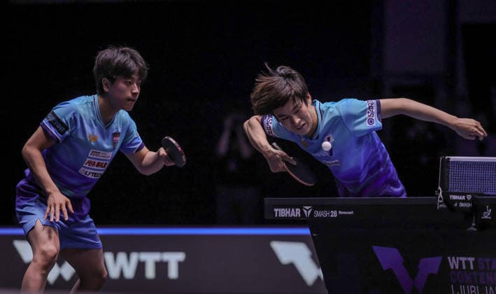 (260621) -- LJUBLJANA, June 21, 2026 -- Togami Shunsuke (R) Shinozuka Hiroto of Japan compete during the men s doubles final match against Wen Ruibo Huang Youzheng of China at the World Table tennis, Tischtennis (WTT) Star Contender Ljubljana 2026 in Ljubljana, Slovenia, June 20, 2026. (Photo by Xinhua) (SP)SLOVENIA-LJUBLJANA-TABLE TENNIS-WTT STAR CONTENDER-MEN S DOUBLES ZeljkoxStevanic 