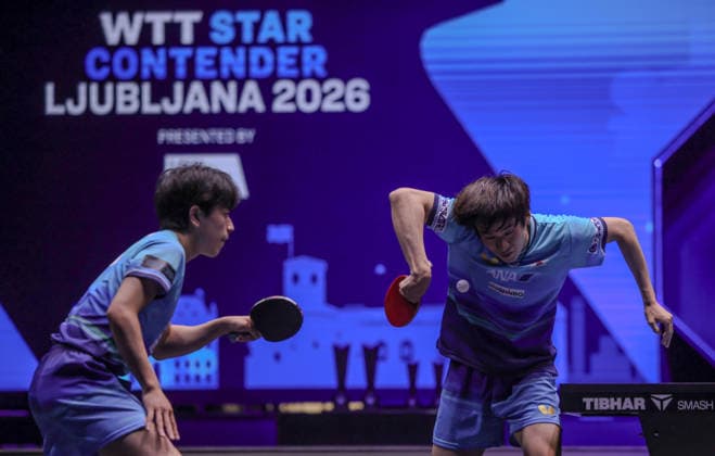 (260621) -- LJUBLJANA, June 21, 2026 -- Togami Shunsuke (R) Shinozuka Hiroto of Japan compete during the men s doubles final match against Wen Ruibo Huang Youzheng of China at the World Table tennis, Tischtennis (WTT) Star Contender Ljubljana 2026 in Ljubljana, Slovenia, June 20, 2026. (Photo by Xinhua) (SP)SLOVENIA-LJUBLJANA-TABLE TENNIS-WTT STAR CONTENDER-MEN S DOUBLES ZeljkoxStevanic 