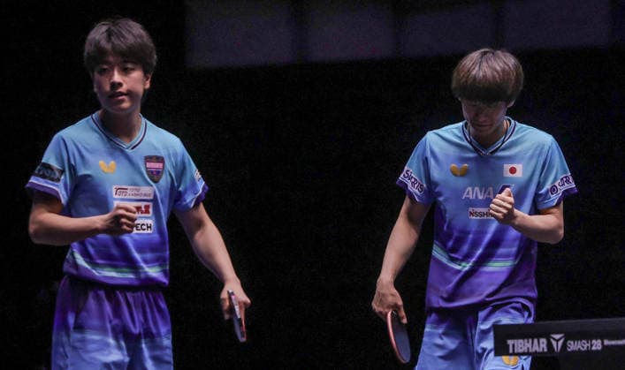 (260621) -- LJUBLJANA, June 21, 2026 -- Togami Shunsuke (R) Shinozuka Hiroto of Japan celebrate scoring during the men s doubles final match against Wen Ruibo Huang Youzheng of China at the World Table tennis, Tischtennis (WTT) Star Contender Ljubljana 2026 in Ljubljana, Slovenia, June 20, 2026. (Photo by Xinhua) (SP)SLOVENIA-LJUBLJANA-TABLE TENNIS-WTT STAR CONTENDER-MEN S DOUBLES ZeljkoxStevanic 