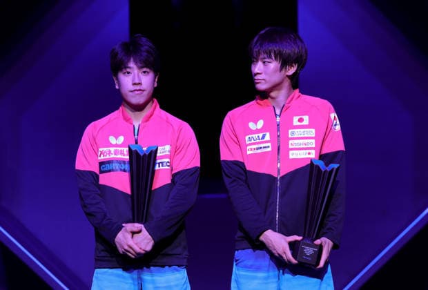 (260621) -- LJUBLJANA, June 21, 2026 -- Togami Shunsuke (R) Shinozuka Hiroto of Japan react during the awarding ceremony after the men s doubles final match against Wen Ruibo Huang Youzheng of China at the World Table tennis, Tischtennis (WTT) Star Contender Ljubljana 2026 in Ljubljana, Slovenia, June 20, 2026. (Photo by Xinhua) (SP)SLOVENIA-LJUBLJANA-TABLE TENNIS-WTT STAR CONTENDER-MEN S DOUBLES ZeljkoxStevanic 