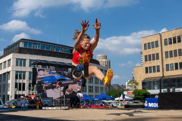 ESSEN, GERMANY - JUNE 20: Moos Nele (TSV Bayer o4 Leverkusen, GER - Long Jump) during the Tag der Überflieger at Essen on June 20, 2026 in Essen, Germany. Germany Copyright: xPeterxWeberx