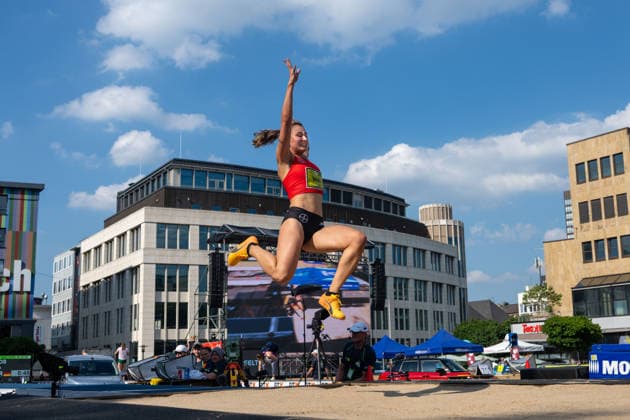 ESSEN, GERMANY - JUNE 20: Moos Nele (TSV Bayer o4 Leverkusen, GER - Long Jump) during the Tag der Überflieger at Essen on June 20, 2026 in Essen, Germany. Germany Copyright: xPeterxWeberx
