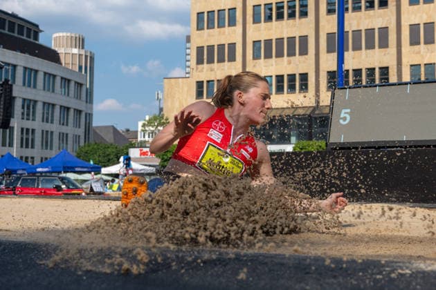 ESSEN, GERMANY - JUNE 20: Moos Nele (TSV Bayer o4 Leverkusen, GER - Long Jump) during the Tag der Überflieger at Essen on June 20, 2026 in Essen, Germany. Germany Copyright: xPeterxWeberx