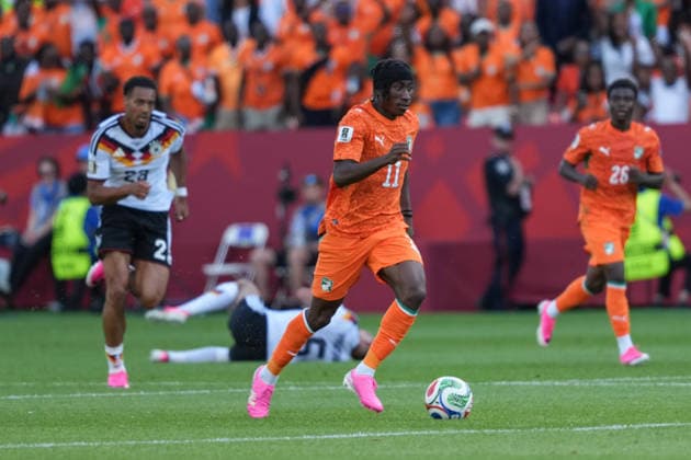 Ivory Coast vs Germany FIFA World Cup, WM, Weltmeisterschaft, Fussball Group G Match Yan Diomande 11 of Ivory Coast drives the ball forward during the 2026 FIFA World Cup Group E match between Germany and Ivory Coast at Toronto Stadium. on June 20, 2026 in Toronto, Canada. (Photo by Leonardo Ramirez Eyepix Group) Copyright: xLeonardoxRamirezx xEyepixxGroupx LR20062026-07616