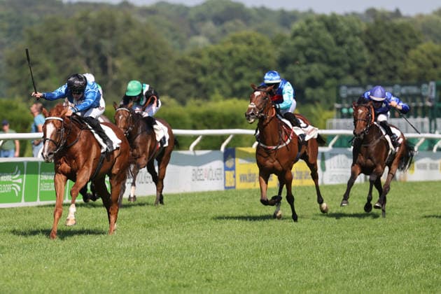 20.06.2026, Duesseldorf, Nordrhein-Westfalen, GER - Night Breath mit Sibylle Vogt gewinnt das Diana-Trial. Galopprennbahn Duesseldorf-Grafenberg. (Pferd, Jockey, Night Breath, Vogt, Sieg, Ziel, Zielankunft) 260620SG724DUESSELDORF.JPG