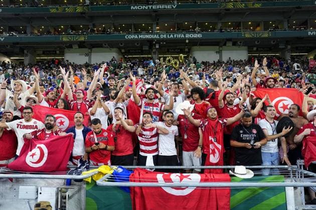 Football: 2026 World Cup Tunisia supporters cheer ahead of a World Cup Group F football match against Japan at Monterrey Stadium in Guadalupe, Mexico, on June 20, 2026.  A14AA0005619585P