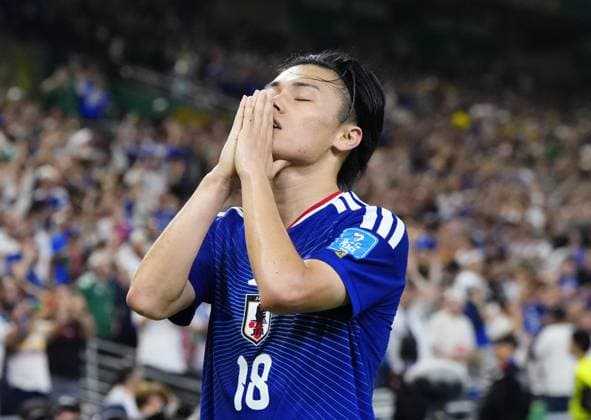Football: 2026 World Cup Japan s Ayase Ueda reacts after scoring the team s second goal in the first half of a World Cup Group F football match against Tunisia at Monterrey Stadium in Guadalupe, Mexico, on June 20, 2026.  A14AA0005619623P