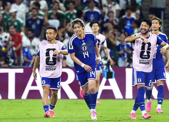 Football: 2026 World Cup Japan s Junya Ito (14) celebrates after scoring the team s third goal in the second half of a World Cup Group F football match against Tunisia at Monterrey Stadium in Guadalupe, Mexico, on June 20, 2026.  A14AA0005619640P