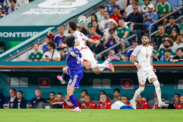 FIFA World Cup, WM, Weltmeisterschaft, Fussball 2026 TUNISIA VS JAPAN FIFA WORLD CUP 2026 TUNISIA VS JAPAN TUNISIA VS JAPAN 20062026 MONTERREY, NUEVO LEON. Action photo of Ayase Ueda (18) of Japan and Ali Abdi (2) of Tunisia, during Round 1 Group F game of the FIFA World Cup 2026, held at the Estadio Monterrey of Monterrey, Nuevo Leon. Foto de accion de Ayase Ueda (18) de Japon y Ali Abdi (2) de Tunez, durante juego de Ronda 1 del Grupo F de la Copa del Mundo 2026 de la FIFA, celebrado en el Estadio Monterrey de Monterrey, Nuevo Leon. PHOTO BY IMAGENSHOP AGENCIA FOTOGRAFICA MONTERREY NUEVO LEON MEXICO *** FIFA WORLD CUP 2026 TUNISIA VS JAPAN FIFA WORLD CUP 2026 TUNISIA VS JAPAN TUNISIA VS JAPAN 20062026 MONTERREY, NUEVO LEON Action photo of Ayase Ueda (No. 18) of Japan and Ali Abdi (No. 2) of Tunisia during the Round 1 Group F match of the 2026 FIFA World Cup, held at Estadio Monterrey in Monterrey, Nuevo León Action photo of Ayase Ueda (No. 18) of Japan and Ali Abdi (No. 2) of Tunisia, during a Round 1 Group F match of the 2026 FIFA World Cup, held at the Estadio Monterrey in Monterrey, Nuevo León. PHOTO BY IMAGENSHOP PHOTO AGENCY MONTERREY, NUEVO LEÓN, MEXICO,detected_source_language Copyright: xYOALIxMARTINEZx