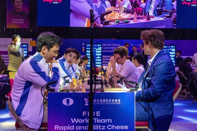 June 21, 2026, Hong Kong, Hong Kong, China: Team Uzbekistan before their bout against WR Chess during the Blitz quarterfinals of the FIDE World Team Rapid and Blitz Chess Championship 2026 in Hong Kong. Hong Kong China - ZUMAm298 0859646471st Copyright: xJamesxModestox