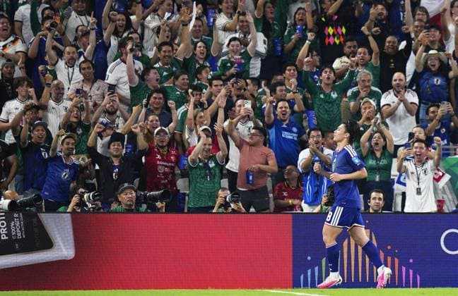 Football: 2026 World Cup Japan s Ayase Ueda reacts after scoring the team s second goal in the first half of a World Cup Group F football match against Tunisia at Monterrey Stadium in Guadalupe, Mexico, on June 20, 2026.  A14AA0005619663P