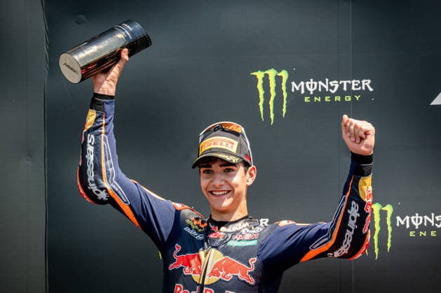 Czech Republic motorcycle Grand Prix BRNO, CZECH REPUBLIC - JUNE 21: Second placed Spanish Moto3 rider Brian Uriarte of Red Bull KTM Ajo celebrates on podium after the race at the Motorcycling Grand Prix of the Czech Republic at Masaryk circuit in Brno, Czech Republic, 21 June 2026. Lukas Kabon Anadolu Brno Czechia. Editorial use only. Please get in touch for any other usage.  Copyright: x2026xAnadoluxLukasxKabonx